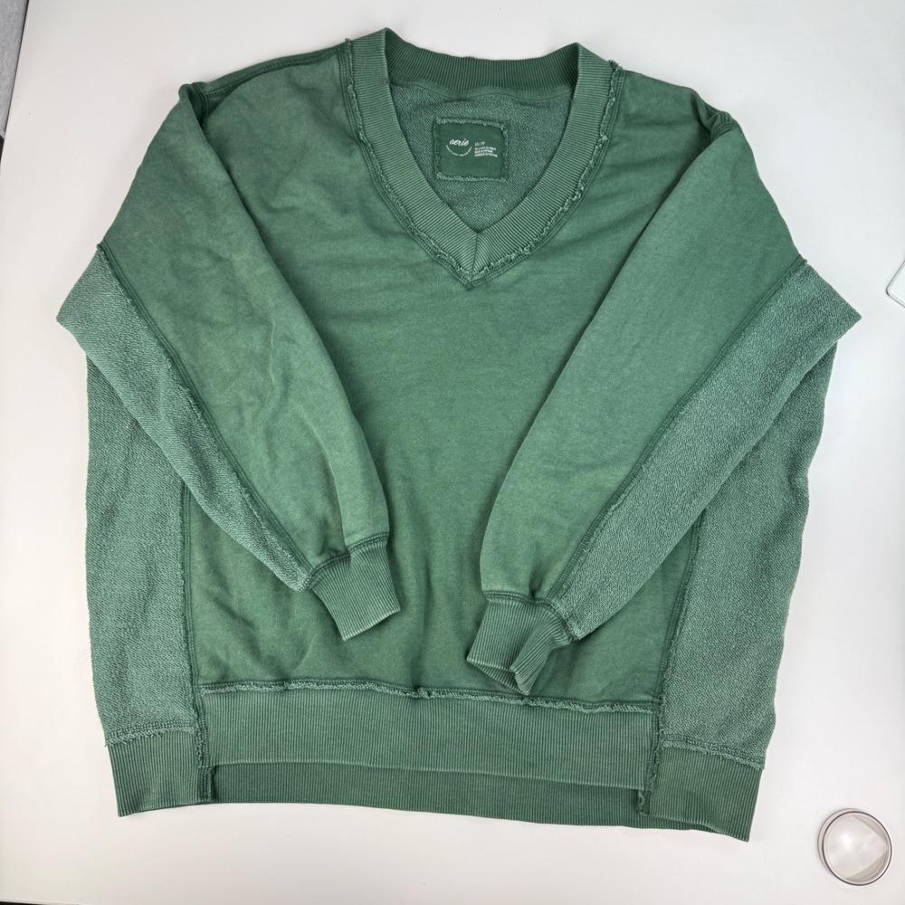 Aerie Womens XS Sweatshirt Green Oversized V Neck Distressed Slouchy Pullover